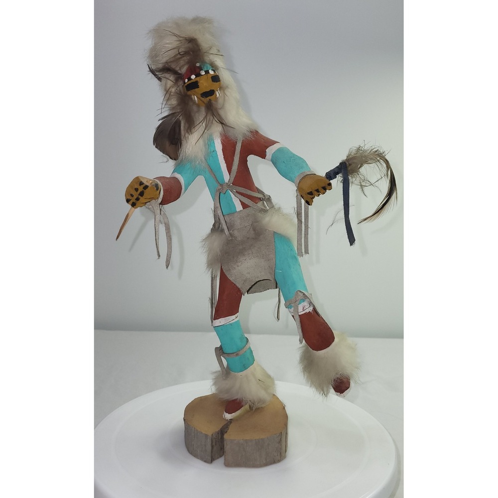 Nelson Sunflower Kachina Doll Hand Painted Wood Fur Feather Signed 14in Vintage